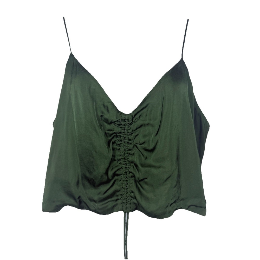 Aerie Olive‎ Green Satin Ruched Crop Cami Top NWT Large Y2K Soft Girl Festival
